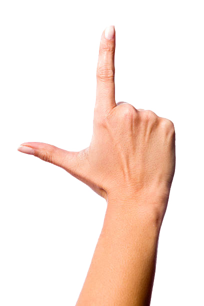 hand with index finger and thumb outstretched perpendicular to eachother, like a capital L. Pointing to the upwards